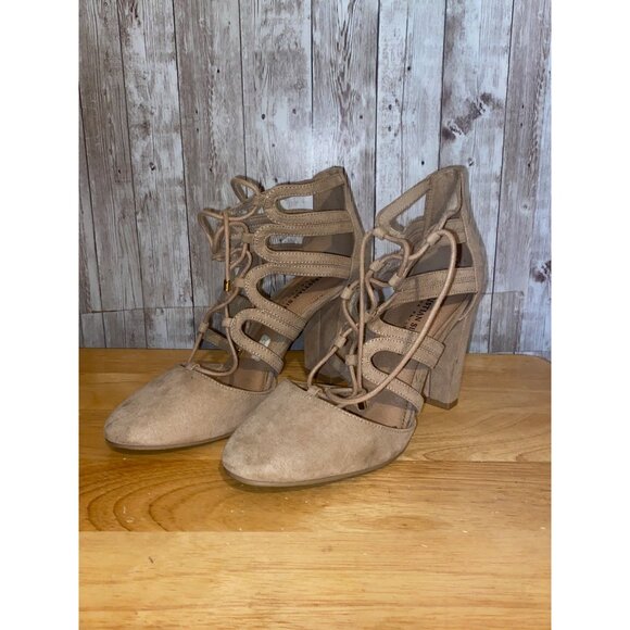 Women's Christian Siriano For Payless Beige Lace Up Block Heels Size 7 - Picture 1 of 10
